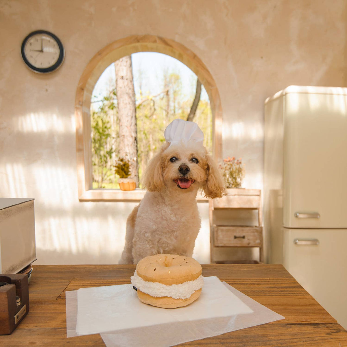Jouet pour chien en peluche en forme de bagel CHEWFFON avec pouic-pouic